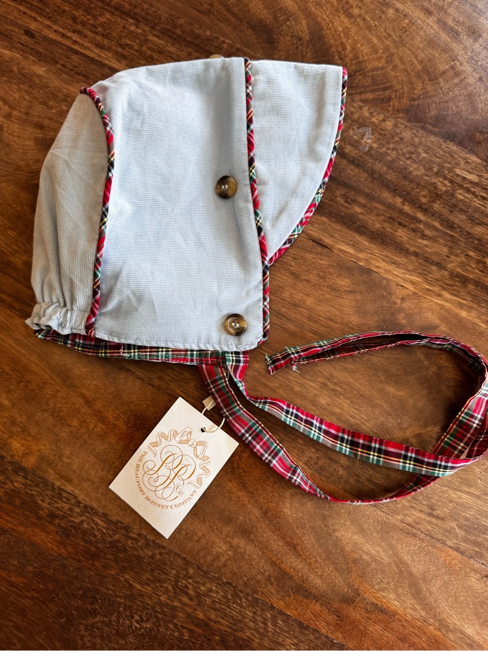 The Beaufort Bonnet Company Light Blue Bonnet with Red Plaid Trim